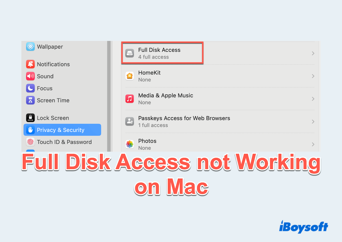 Full Disk Access Mac não funcionando