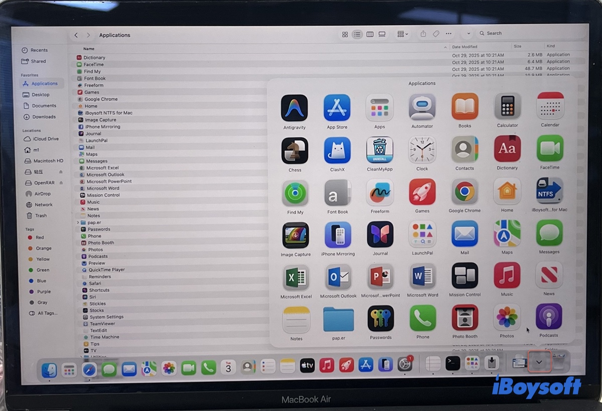 Uygulamalar klasörünü Dock'a ekleme