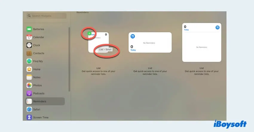 Macでウィジェットを追加するときのサイズの表示
