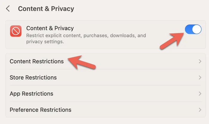 Habilitar restricciones de contenido y privacidad en Mac