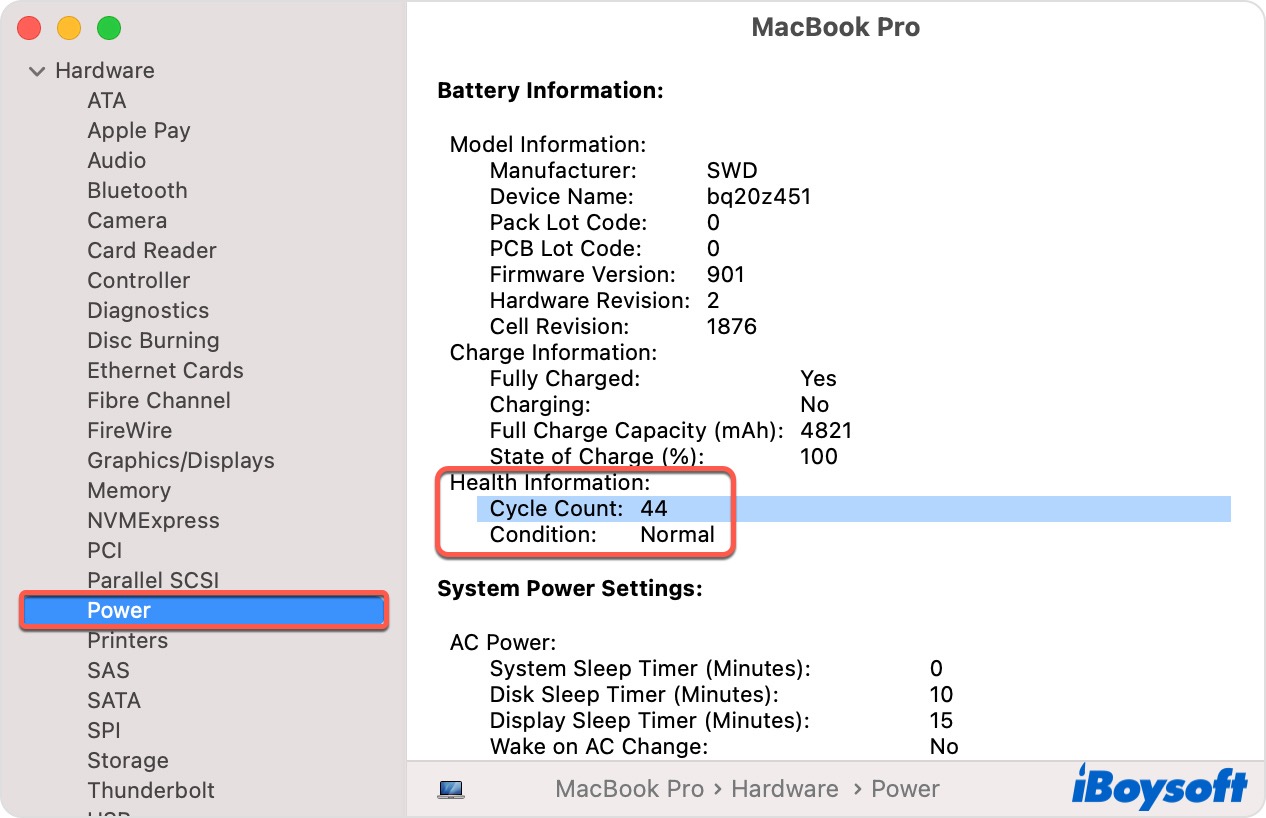 the battery health and cycle count information in System Information