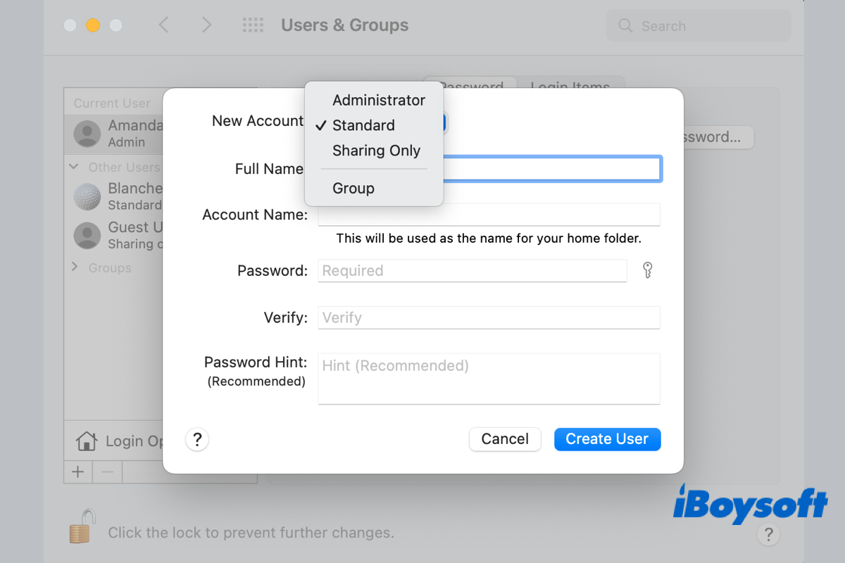 how to create a new user on mac