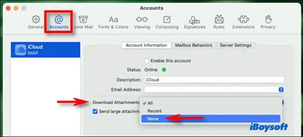 alterar configurações de anexos do Mail