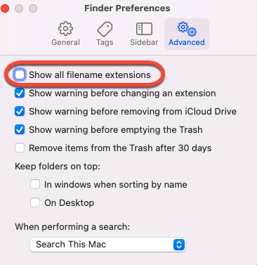 Cómo mostrar ocultar las extensiones de archivo en Mac