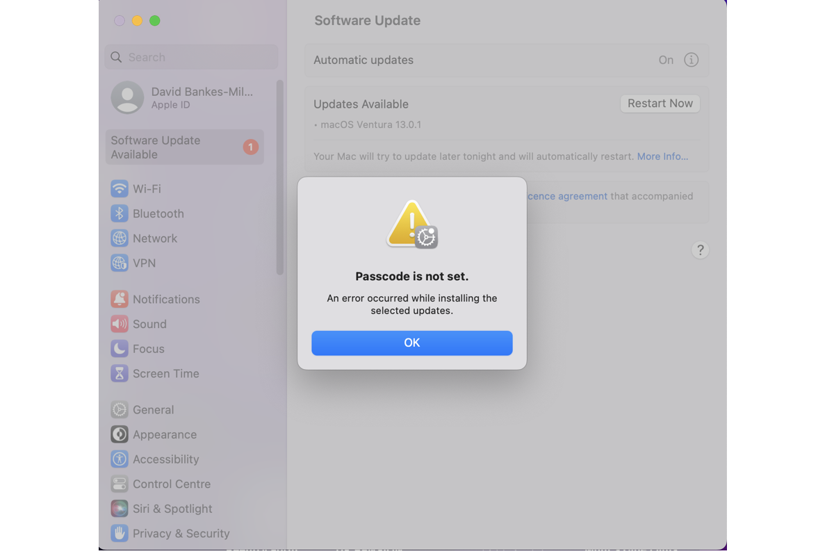 how to fix passcode is not set an error occurred when installing the selected updates