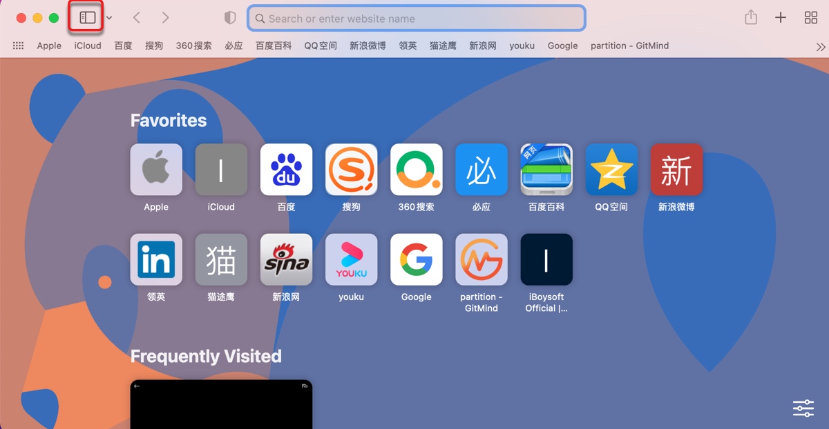 Click Sidebar button in Safari to show bookmarks