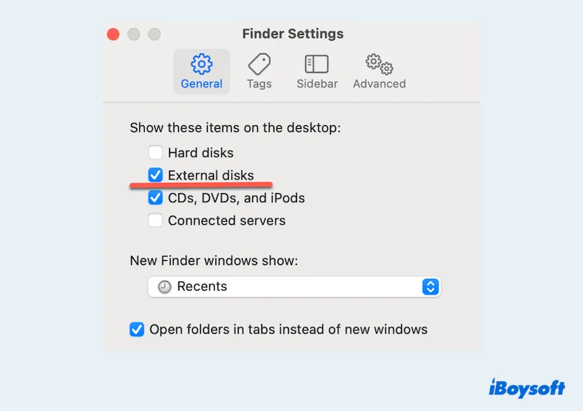 Show external disks on Mac Desktop