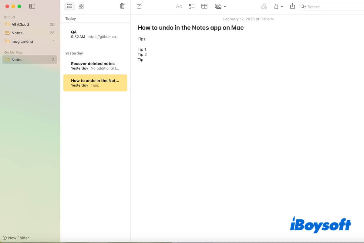 how to undo in Notes on Mac