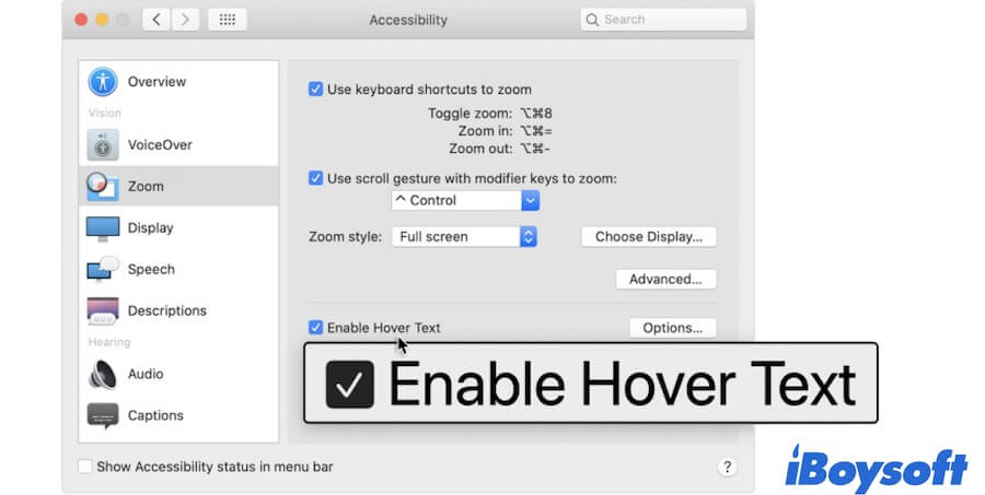 enable hover text on Mac