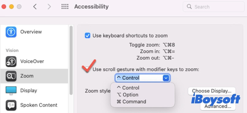 use a mouse with a modifier to zoom in and out on Mac