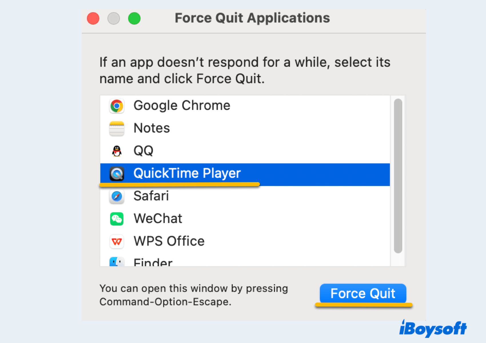detener la grabación de QuickTime en Mac mediante Forzar salida