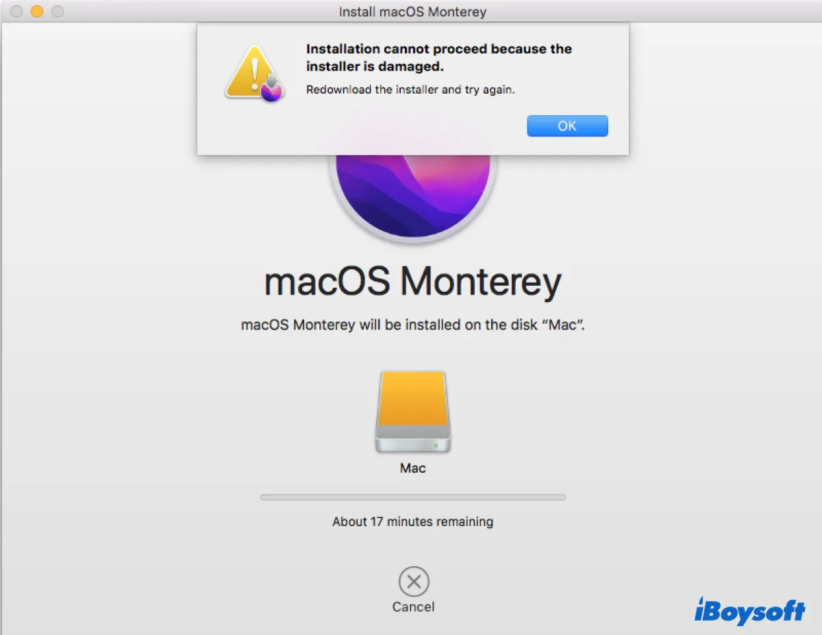 Erreur 'L'installation ne peut pas continuer car le programme d'installation est endommagé' sur Mac