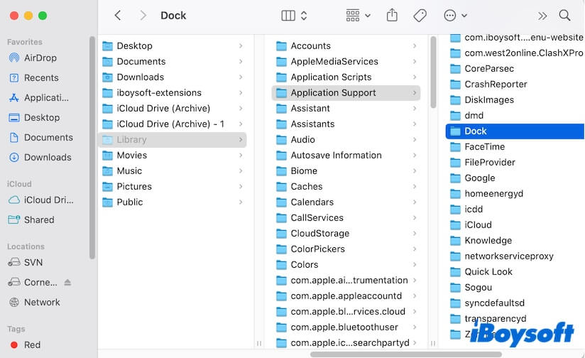open the Dock folder in the Application support folder
