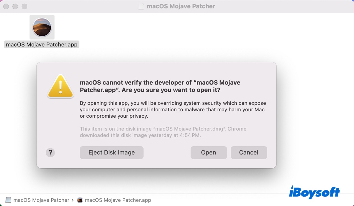 Confirmar para abrir o macOS Mojave Patcher