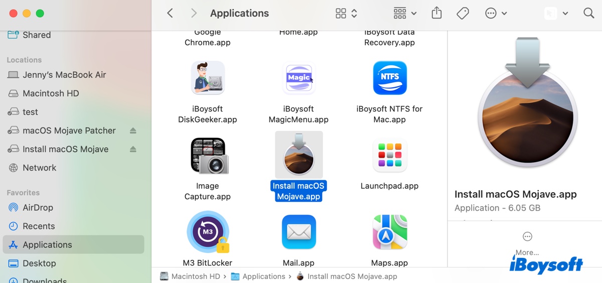 Installateur complet de macOS Mojave dans le dossier Applications