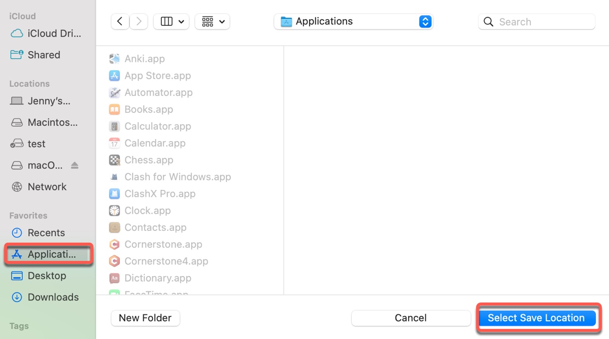 Elegir Aplicaciones como ubicación para guardar el instalador de macOS Mojave