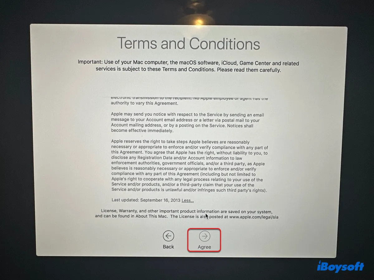 Mac bloqué sur les conditions générales en raison du bouton Accepter gris