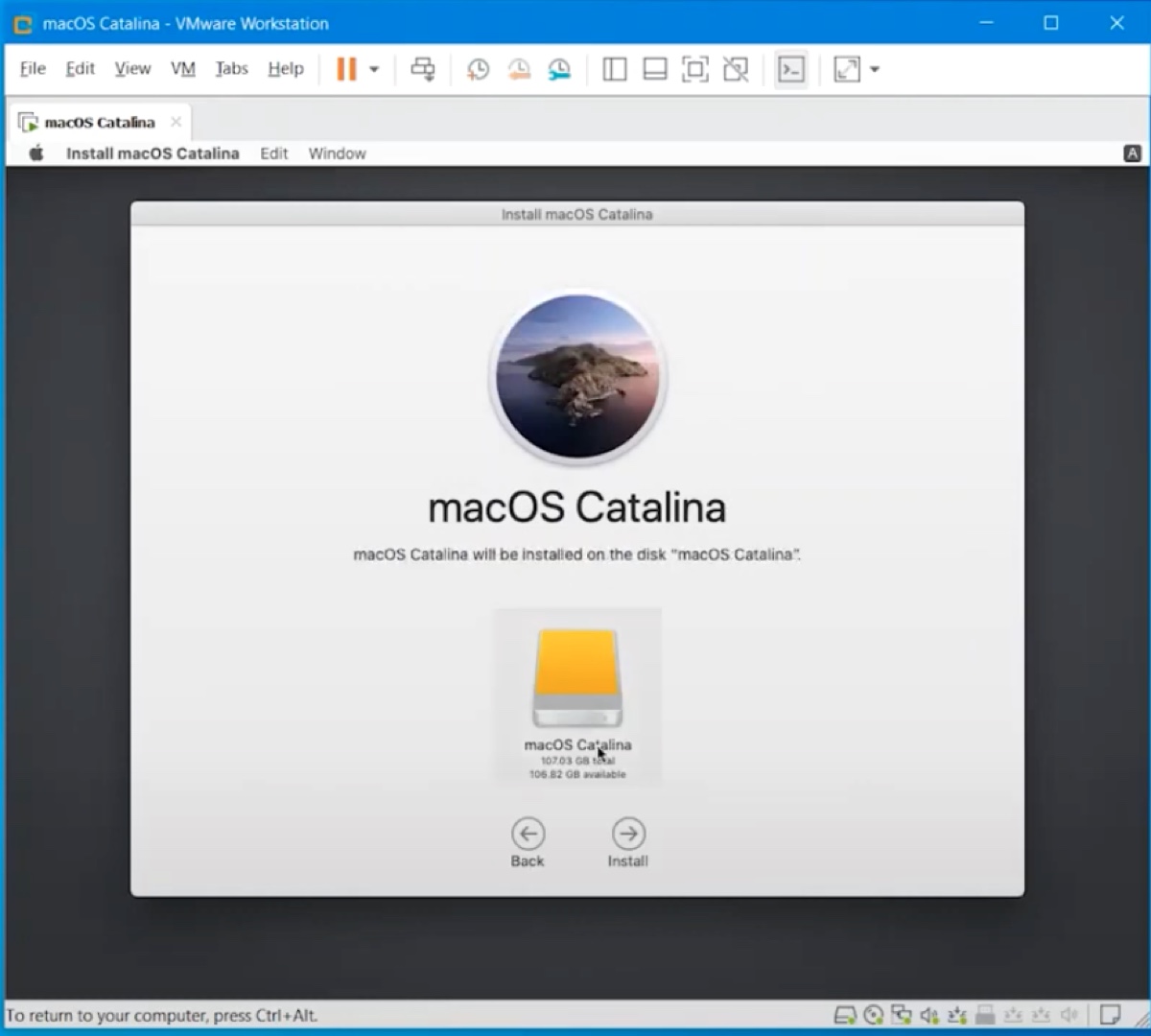Choose to install macOS Catalina on the virtual disk