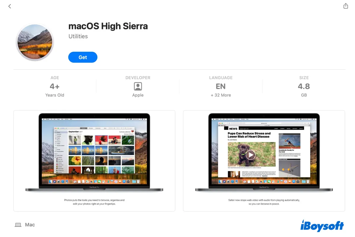 Download macOS High Sierra full installer from the App Store