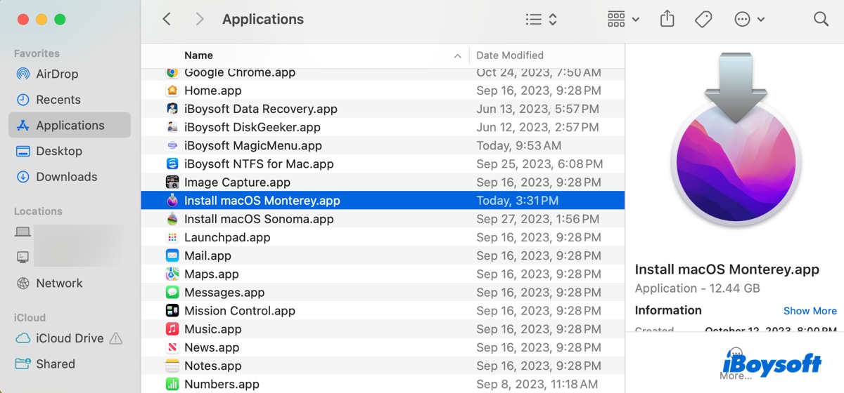 installateur de macOS Monterey dans le dossier Applications