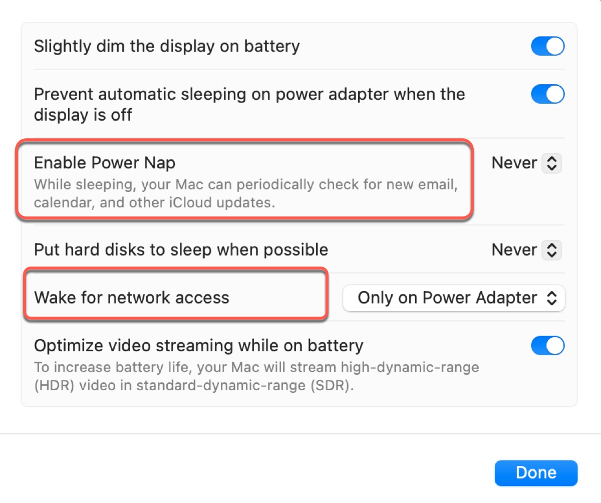 Disable Power nap and wake for network access to decrease battery drain in sleep mode