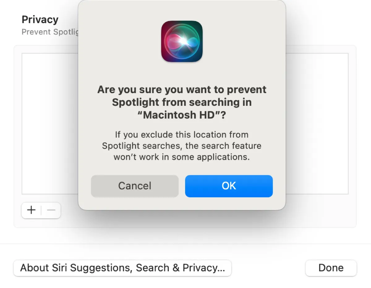 Confirm to prevent Spotlight from indexing internal hard drive on Mac