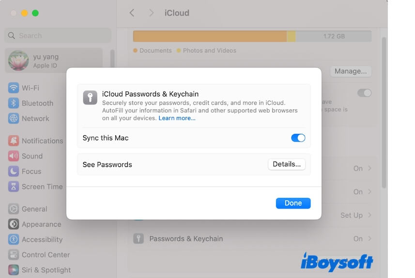 activer la synchronisation du trousseau de clés dans les paramètres iCloud