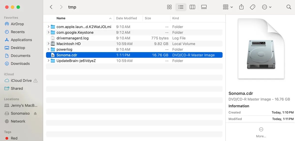 The newly created empty disk image in Tep folder