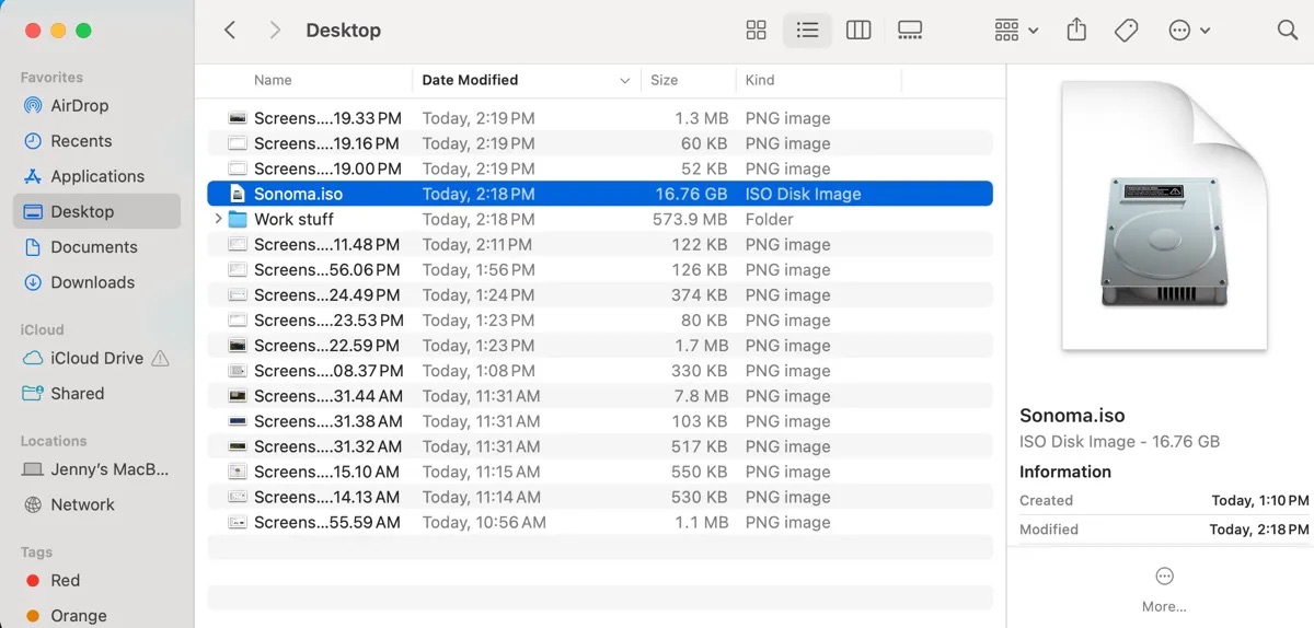 The macOS ISO file is created on the desktop