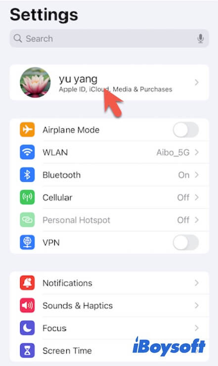 tap user name in Settings on iPhone