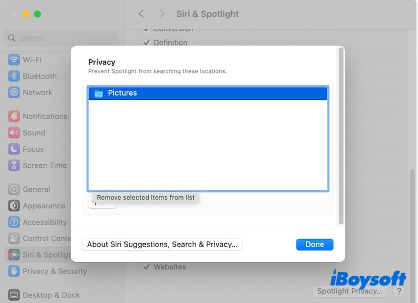 remove Pictures folder from Spotlight privacy list