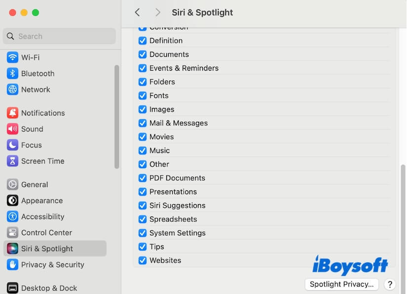 open Spotlight privacy settings