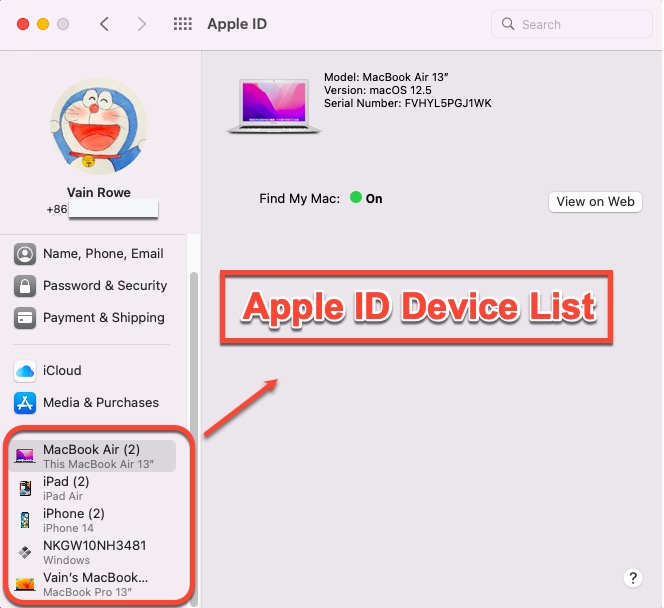 liste des appareils liés à l'identifiant Apple