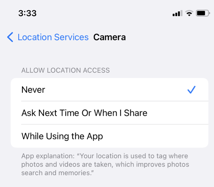 Turn off location services for iPhone camera