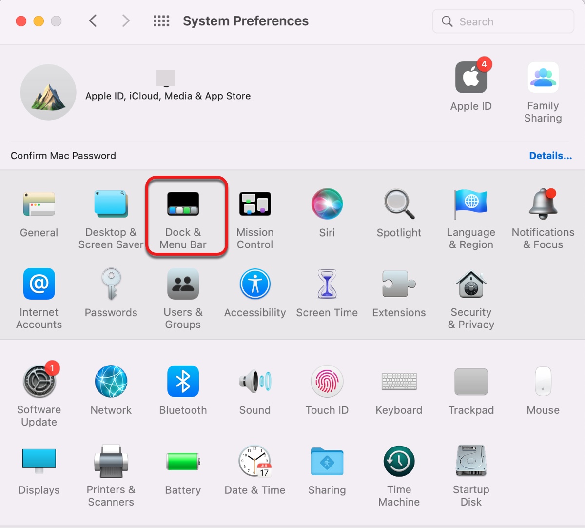 Open Dock and Menu Bar in System Preferences