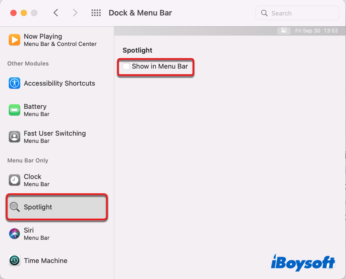 Remove Spotlight from menu bar in System Preferences