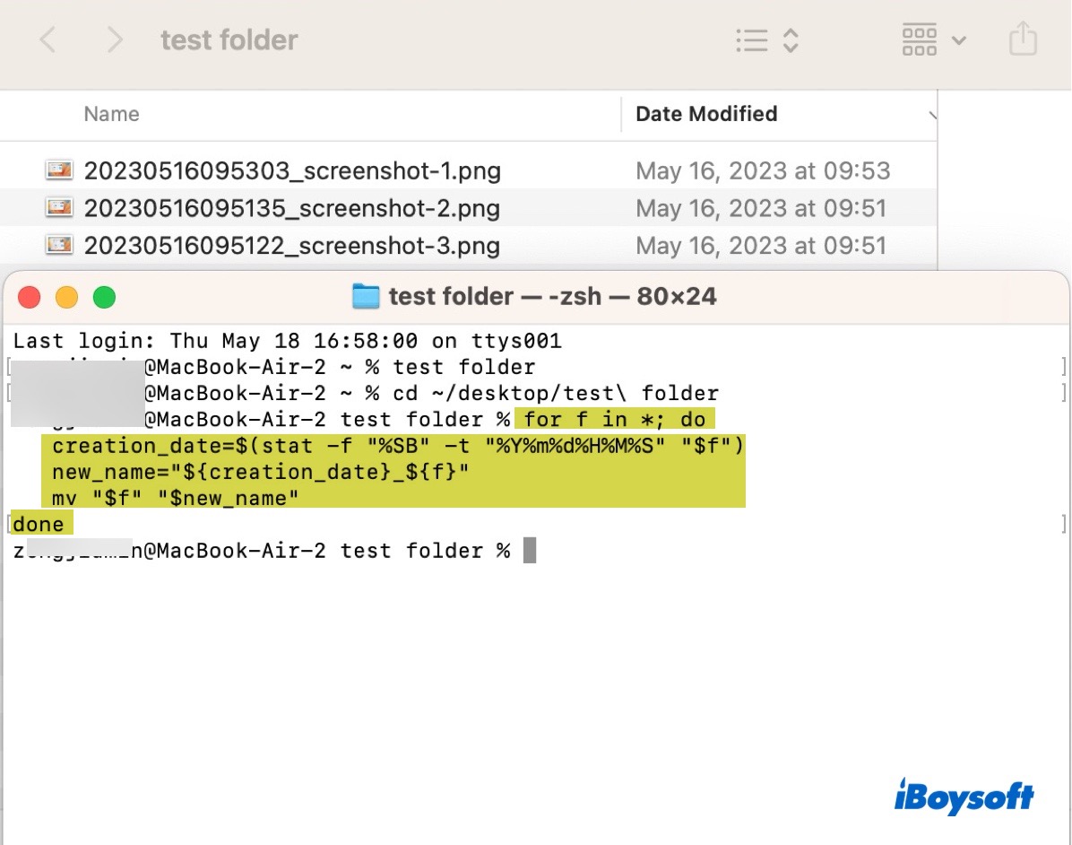 How to rename files via Terminal using date created on Mac
