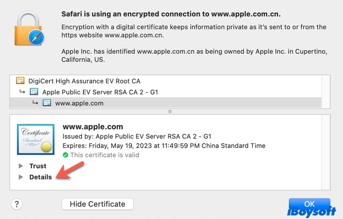 Safari show URL certificates