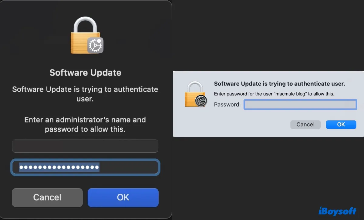 Software Update is tyring to authenticate user popup