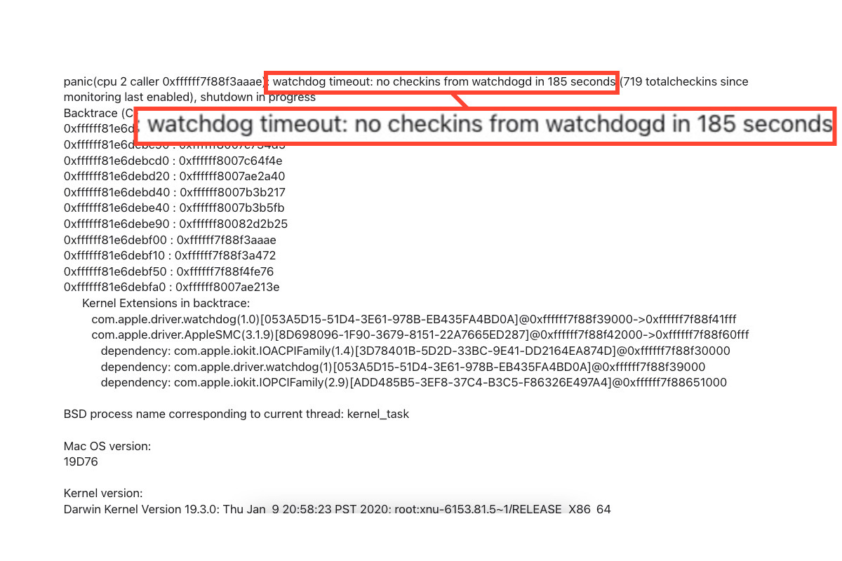 résoudre Watchdog timeout no check-ins from watchdogd on Mac