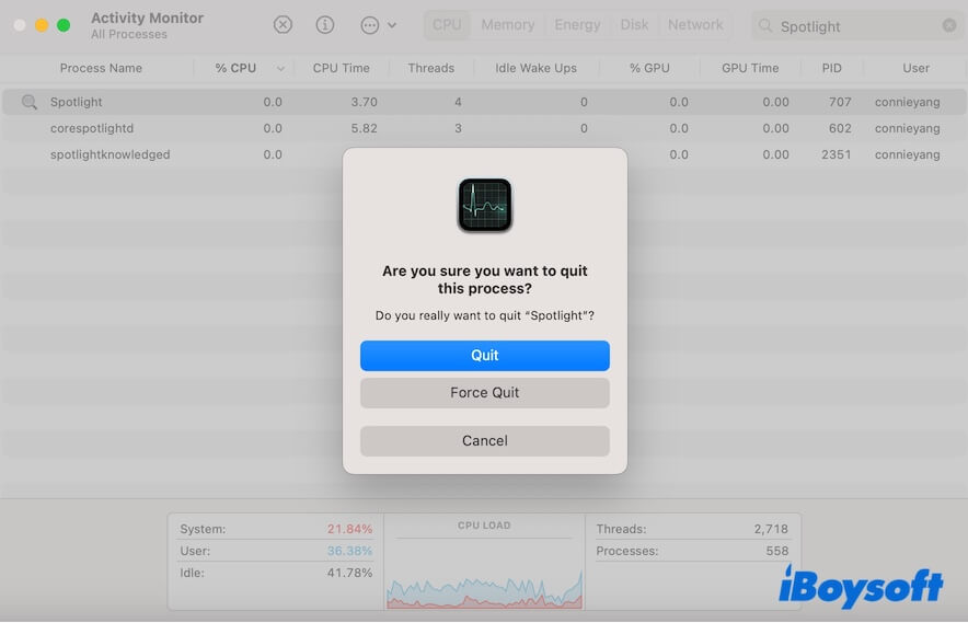 force quit Spotlight in Activity Monitor
