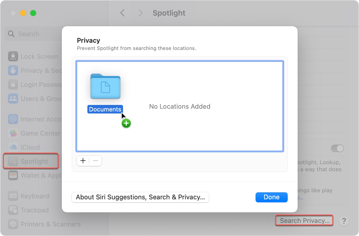 Use privacy list to fix Spotlight search not working on macOS Sequoia