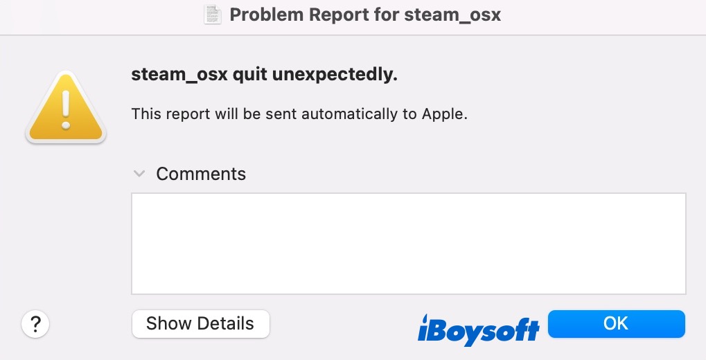 steam osx quit unexpectedly error message on Mac