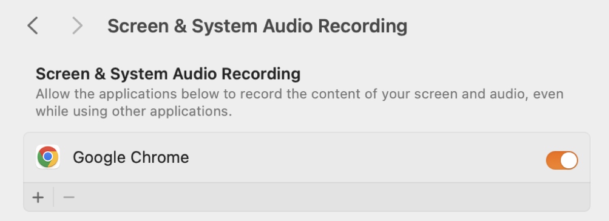 Allow Chrome to accesss Screen and System Audio Recording