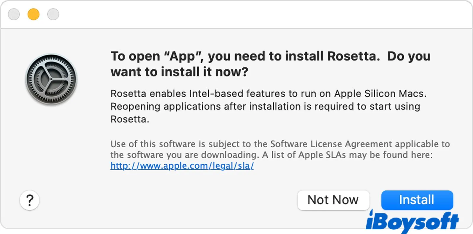 The notification asking you to install Rosetta 2 when opening an app for Intel Macs