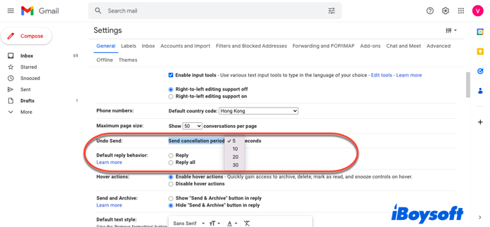 modify the time allowed for email withdrawal in Gmail