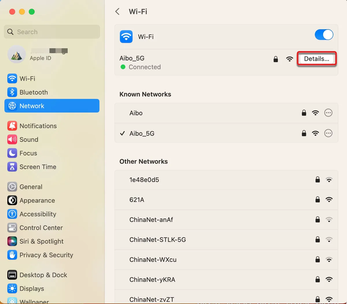 Click the Details button to change network settings on macOS Ventura