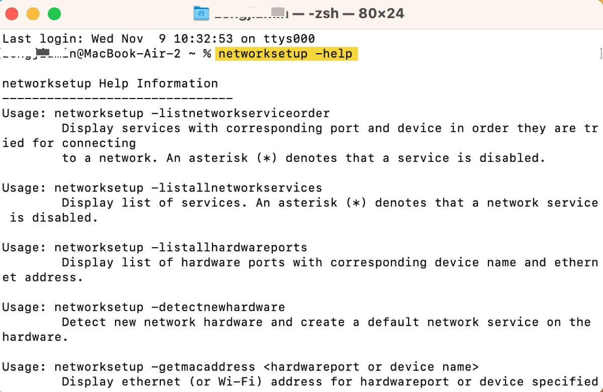 networksetup tool usage in Terminal