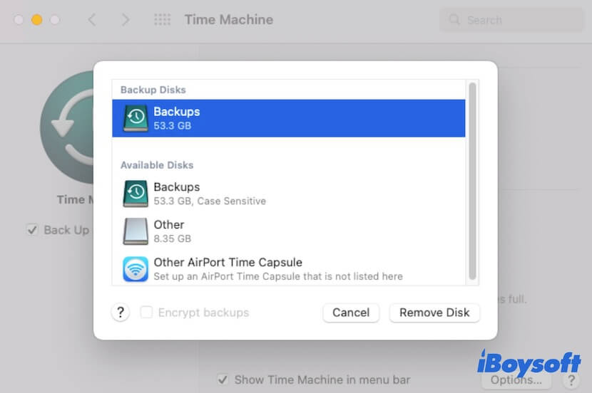 disable disk for Time Machine backup