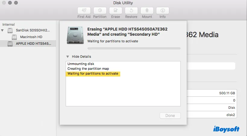 Disk Utility stuck at waiting for partitions to activate